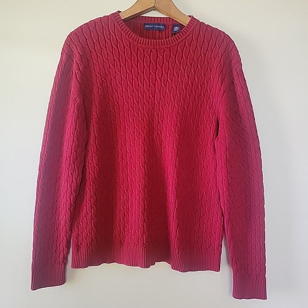 Grant Thomas Men's 100% Pima Cotton Cable Knit Sweater Burgundy Size L Academia